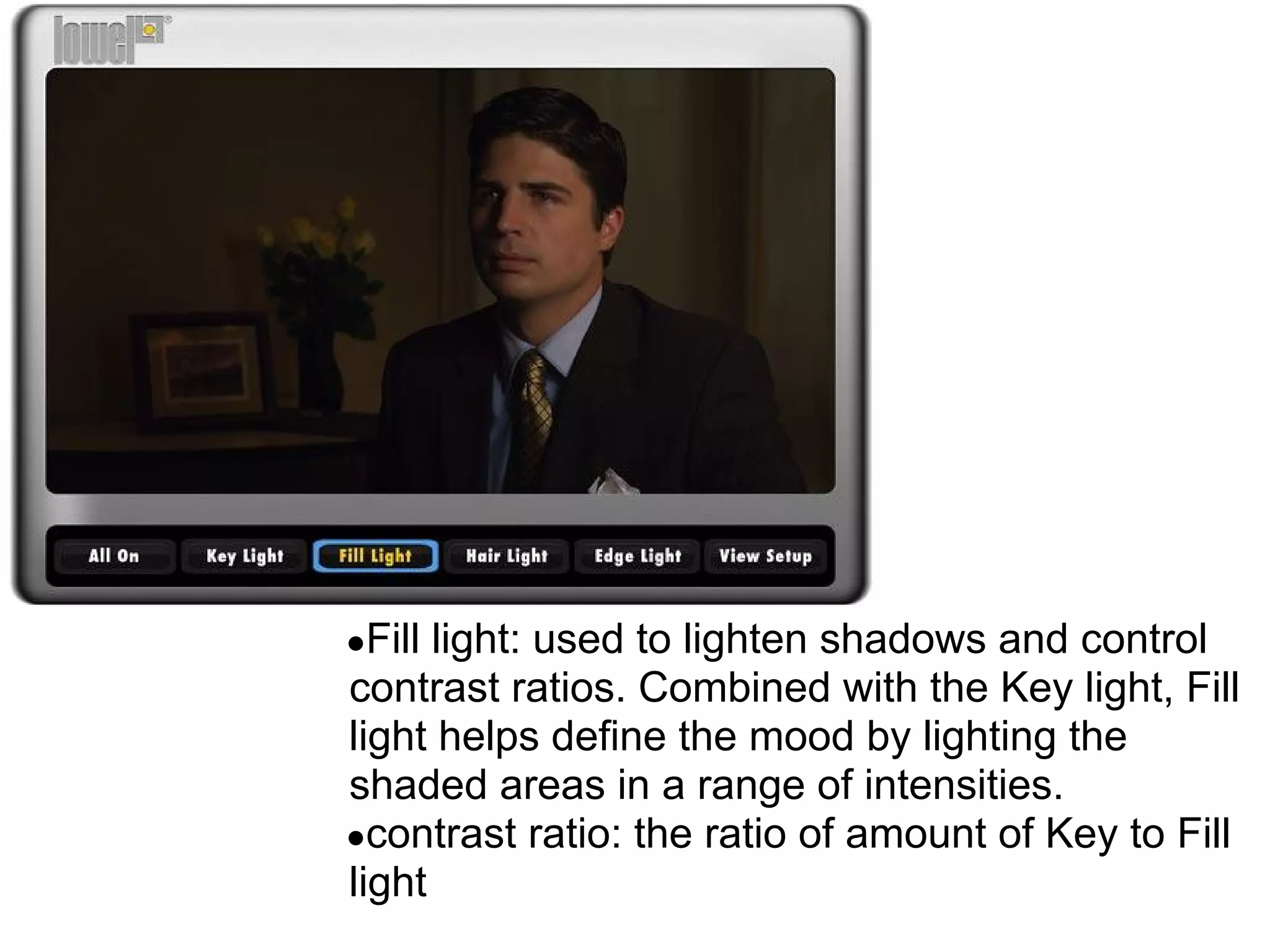 ●Fill light: used to lighten shadows and control
contrast ratios. Combined with the Key light, Fill
light helps define the mood by lighting the
shaded areas in a range of intensities.
●contrast ratio: the ratio of amount of Key to Fill
light
 