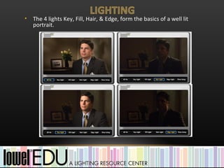 •   The 4 lights Key, Fill, Hair, & Edge, form the basics of a well lit
    portrait.
 