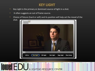 •   Key Light is the primary or dominant source of light in a shot.
•   It often suggests an out of frame source.
•   Choice of fixture (hard or soft) and its position will help set the mood of the
    shot.
 