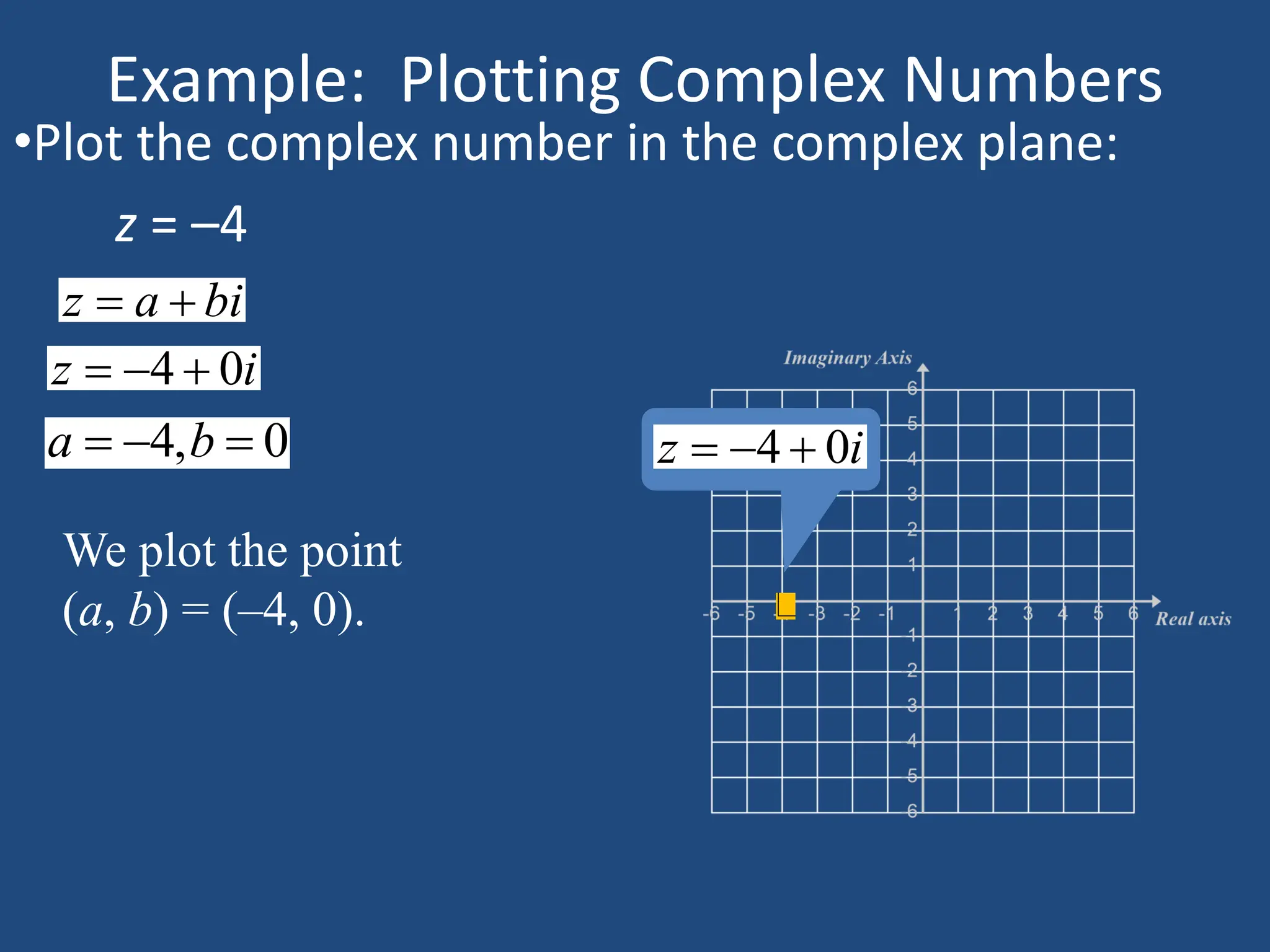 Example: Plotting Complex Numbers
•Plot the complex number in the complex plane:
z = –4
z a bi
 
4 0
z i
  
4, 0
a b
  
We plot the point
(a, b) = (–4, 0).
4 0
z i
  
 