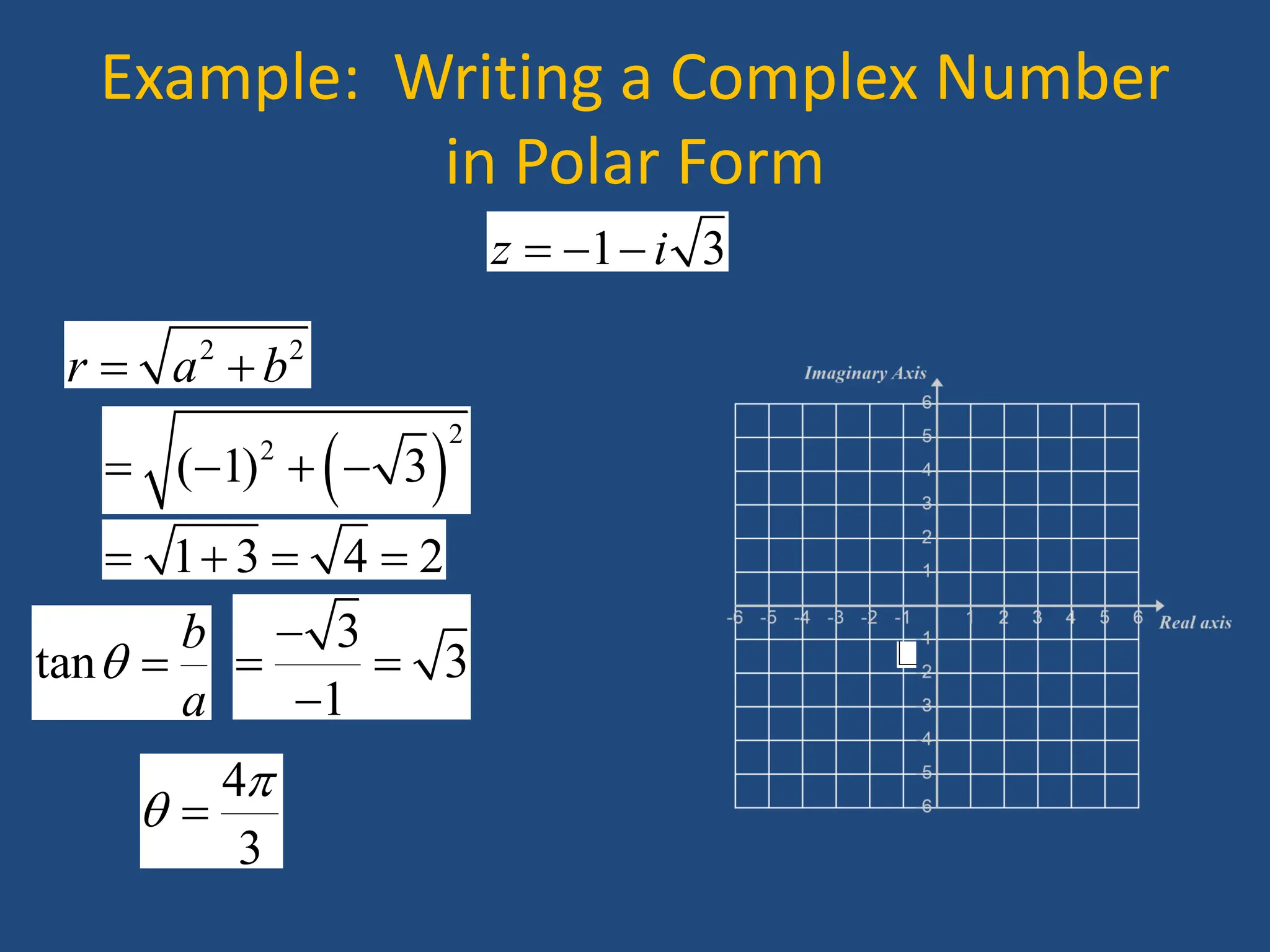 Example: Writing a Complex Number
in Polar Form
1 3
z i
  
2 2
r a b
 
 
2
2
( 1) 3
   
1 3 4 2
   
tan
b
a
 
3
3
1

 

4
3

 
 