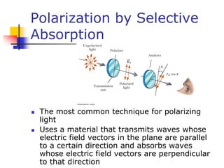 Polarization by Selective
Absorption
 The most common technique for polarizing
light
 Uses a material that transmits waves whose
electric field vectors in the plane are parallel
to a certain direction and absorbs waves
whose electric field vectors are perpendicular
to that direction
 