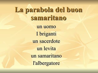 La parabola del buon samaritano un uomo I briganti un sacerdote un levita un samaritano l'albergatore 