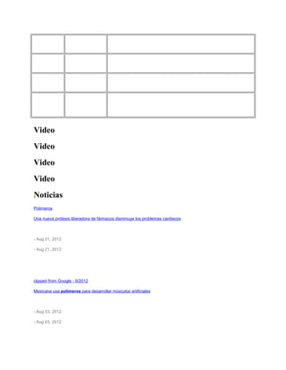 1,6-diaminoexano        rodas dentadas de engrenagens, peças de maquinaria em geral, tecidos,
Náilon
                 ácido adípico           cordas, escovas


Terilene ou      etilenoglicol
                                         tecidos em geral (tergal)
dacron           ácido tereftálico


Baquelite        aldeído fórmico
                                         revestimento de móveis (fórmica), material elétrico (tomada e interruptores)
(fórmica)        fenol comum


                 poliéster ou poliéter
                                         colchões e travesseiros (poliuretano esponjoso), isolante térmico e acústico,
Poliuretano      isocianato de p.
                                         poliuretano rígido das rodas dos carrinhos de supermercados
                 fenileno




Video
Video
Video
Video
Noticias
Polimeros

Una nueva prótesis liberadora de fármacos disminuye los problemas cardiacos

ABC.es

- Aug 21, 2012

- Aug 21, 2012

La última generación de stents liberadores de fármacos, como el sirolimus o el paclitaxel, a partir de polímeros
duraderos, reduce la necesidad de una nueva revascularización, en comparación con los stents convencionales. Sin
embargo, la curación se ...

clipped from Google - 9/2012

Mexicana usa polímeros para desarrollar músculos artificiales

Vanguardia.com.mx

- Aug 03, 2012

- Aug 03, 2012
 