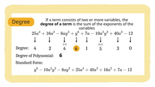 Degree If a term consists of two or more variables, the
degree of a term is the sum of the exponents of the
variables
Degree: 4 2 4
1+3
6 1 5
2+3
3 0
Degree of Polynomial: 6
Standard Form:
 