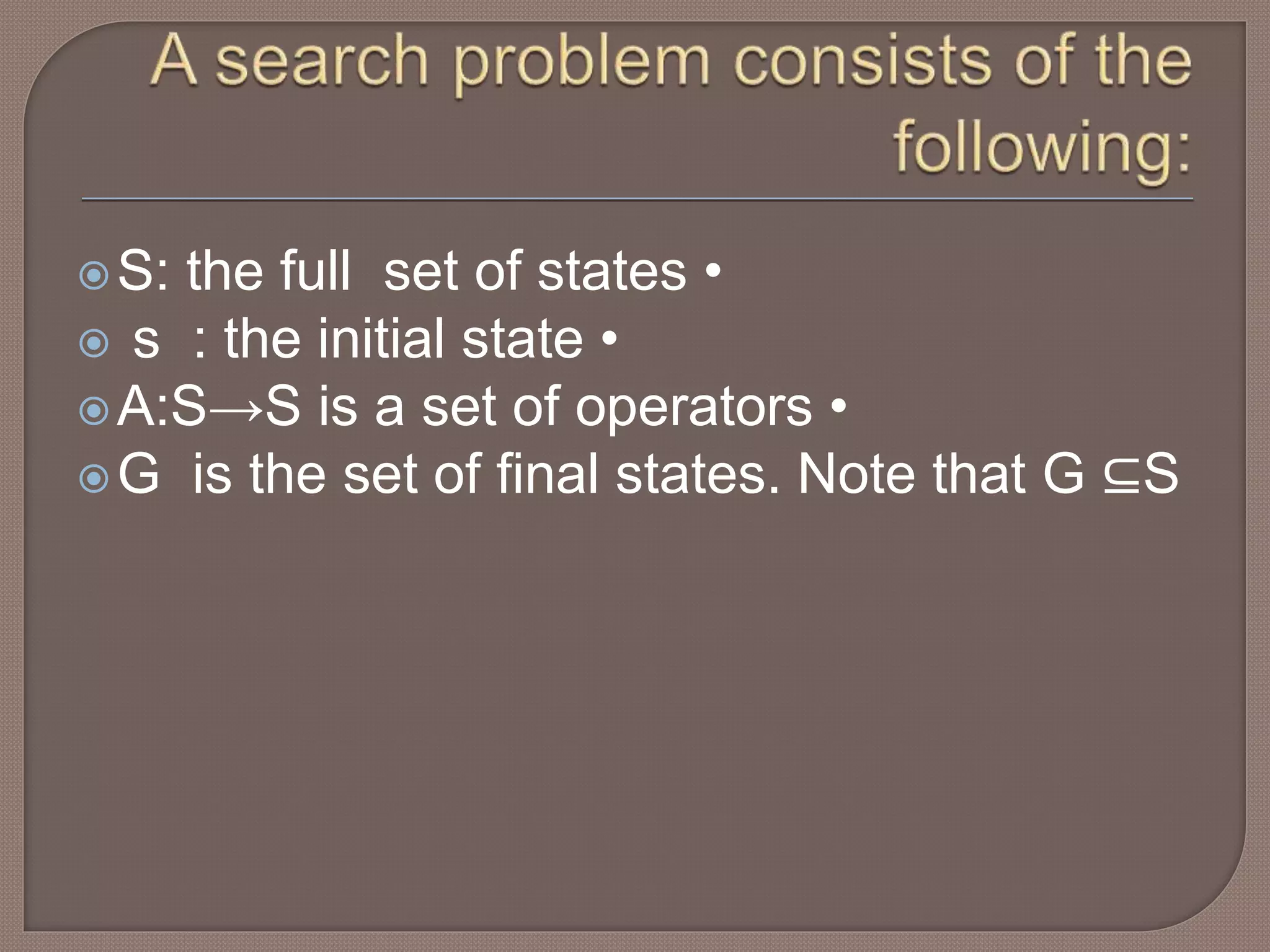 S: the full set of states •
 s : the initial state •
A:S→S is a set of operators •
G is the set of final states. Note that G ⊆S
 