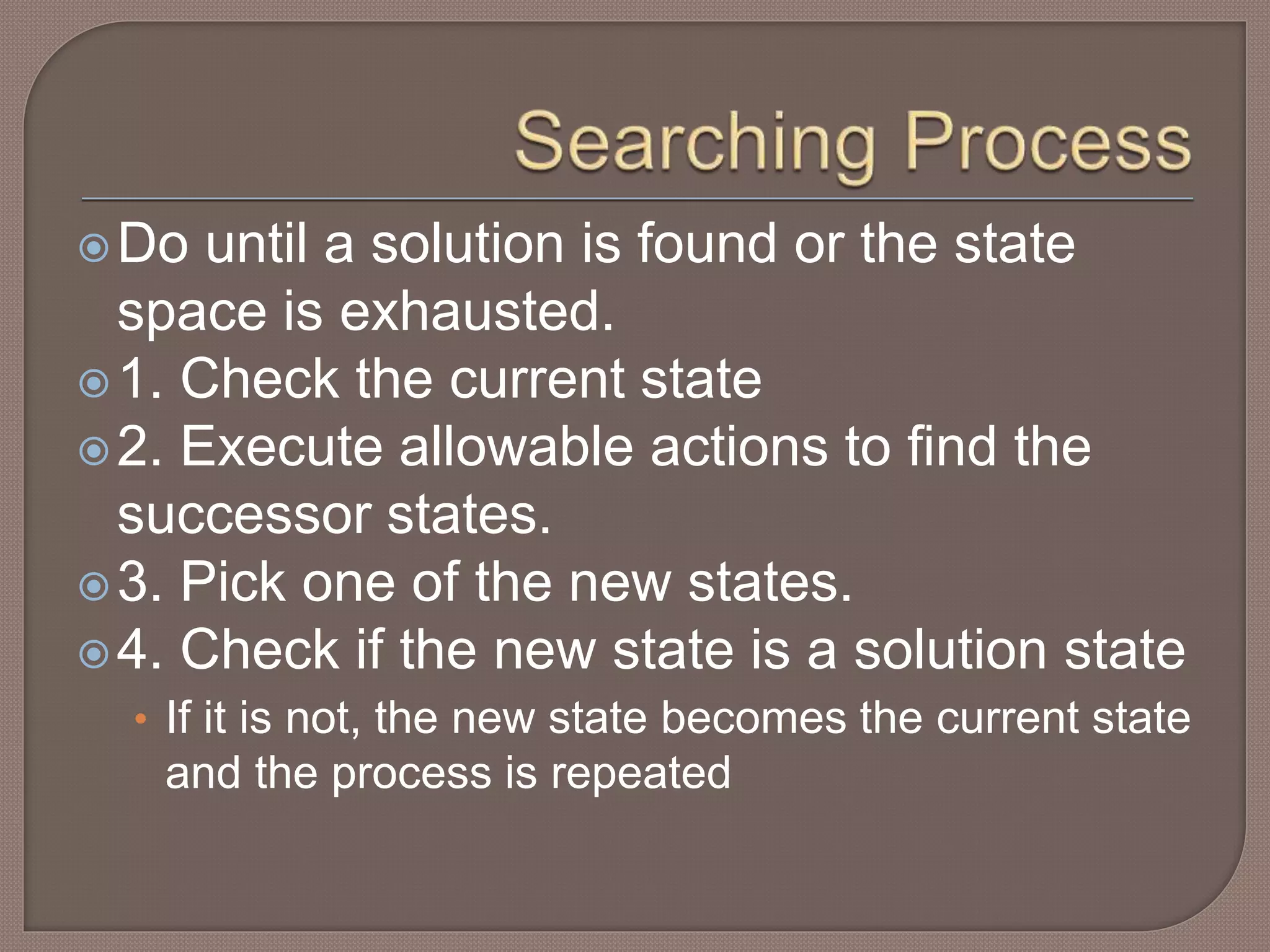 Do until a solution is found or the state
space is exhausted.
1. Check the current state
2. Execute allowable actions to find the
successor states.
3. Pick one of the new states.
4. Check if the new state is a solution state
• If it is not, the new state becomes the current state
and the process is repeated
 