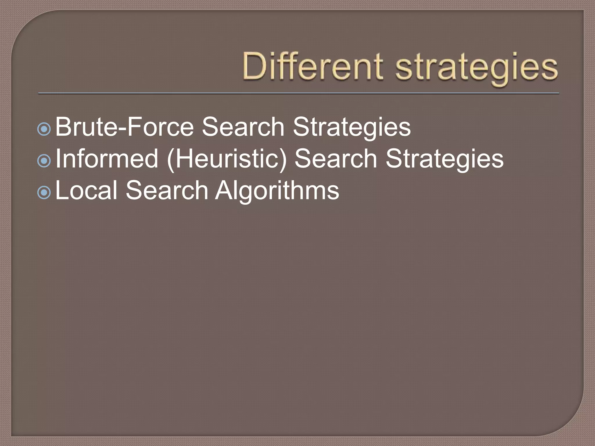 Brute-Force Search Strategies
Informed (Heuristic) Search Strategies
Local Search Algorithms
 