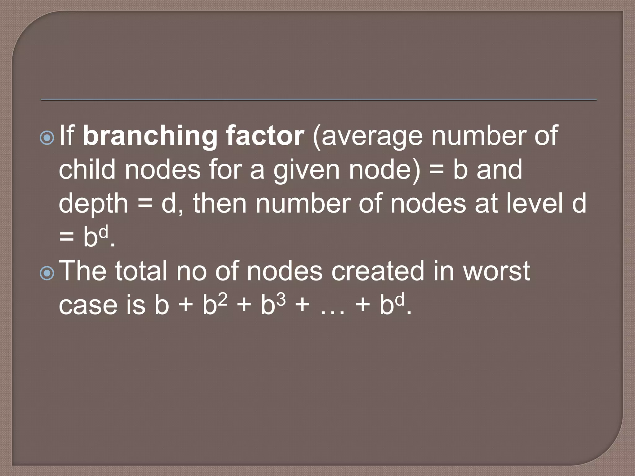 If branching factor (average number of
child nodes for a given node) = b and
depth = d, then number of nodes at level d
= bd.
The total no of nodes created in worst
case is b + b2 + b3 + … + bd.
 