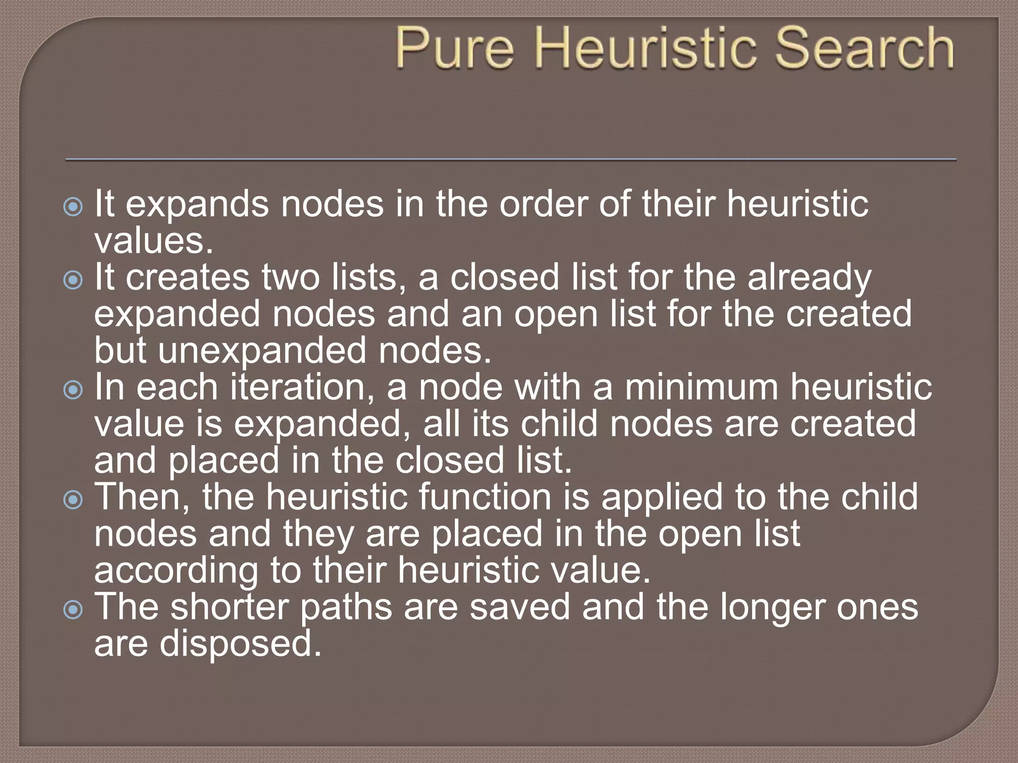  It expands nodes in the order of their heuristic
values.
 It creates two lists, a closed list for the already
expanded nodes and an open list for the created
but unexpanded nodes.
 In each iteration, a node with a minimum heuristic
value is expanded, all its child nodes are created
and placed in the closed list.
 Then, the heuristic function is applied to the child
nodes and they are placed in the open list
according to their heuristic value.
 The shorter paths are saved and the longer ones
are disposed.
 
