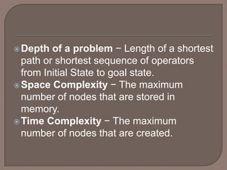 Depth of a problem − Length of a shortest
path or shortest sequence of operators
from Initial State to goal state.
Space Complexity − The maximum
number of nodes that are stored in
memory.
Time Complexity − The maximum
number of nodes that are created.
 
