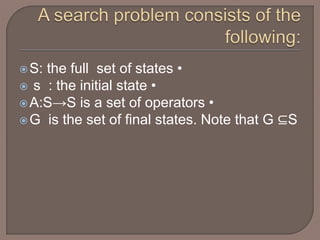 S: the full set of states •
 s : the initial state •
A:S→S is a set of operators •
G is the set of final states. Note that G ⊆S
 