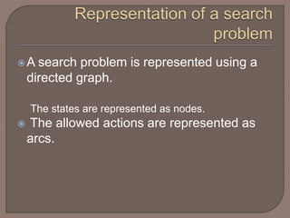 A search problem is represented using a
directed graph.
The states are represented as nodes.
 The allowed actions are represented as
arcs.
 