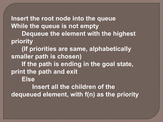 Insert the root node into the queue
While the queue is not empty
Dequeue the element with the highest
priority
(If priorities are same, alphabetically
smaller path is chosen)
If the path is ending in the goal state,
print the path and exit
Else
Insert all the children of the
dequeued element, with f(n) as the priority
 