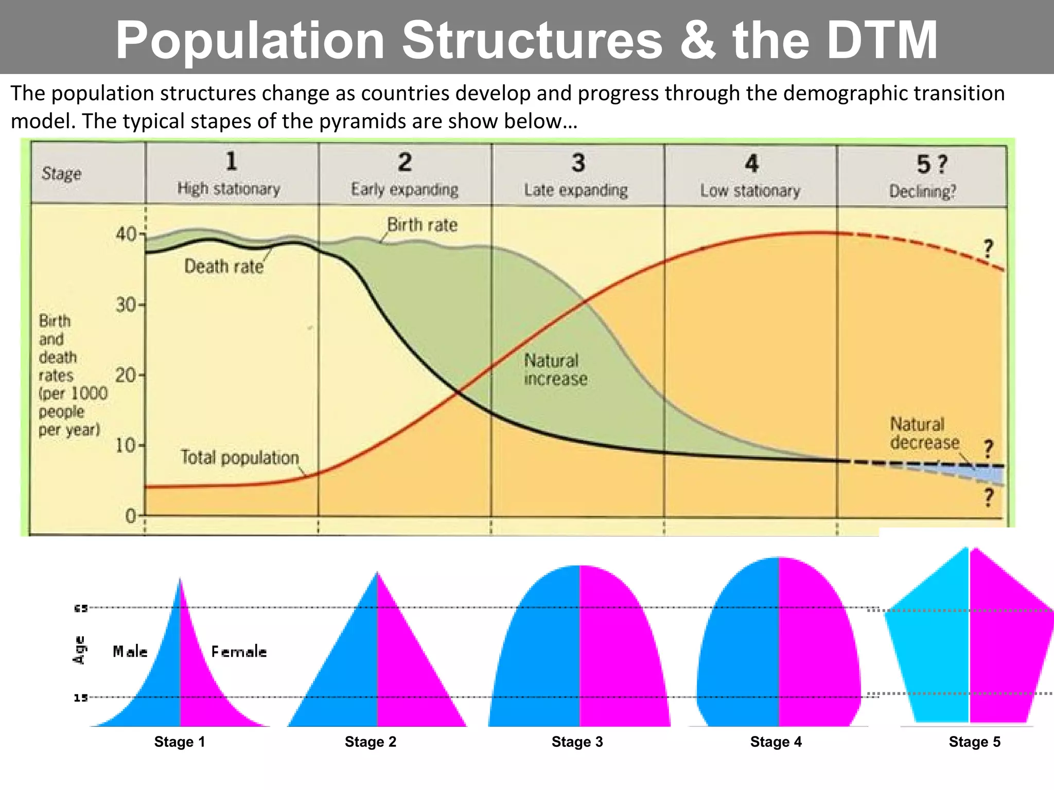 Population Structures & the DTM The population structures change as countries develop and progress through the demographic transition model. The typical stapes of the pyramids are show below… Stage 1   Stage 2   Stage 3   Stage 4  Stage 5 