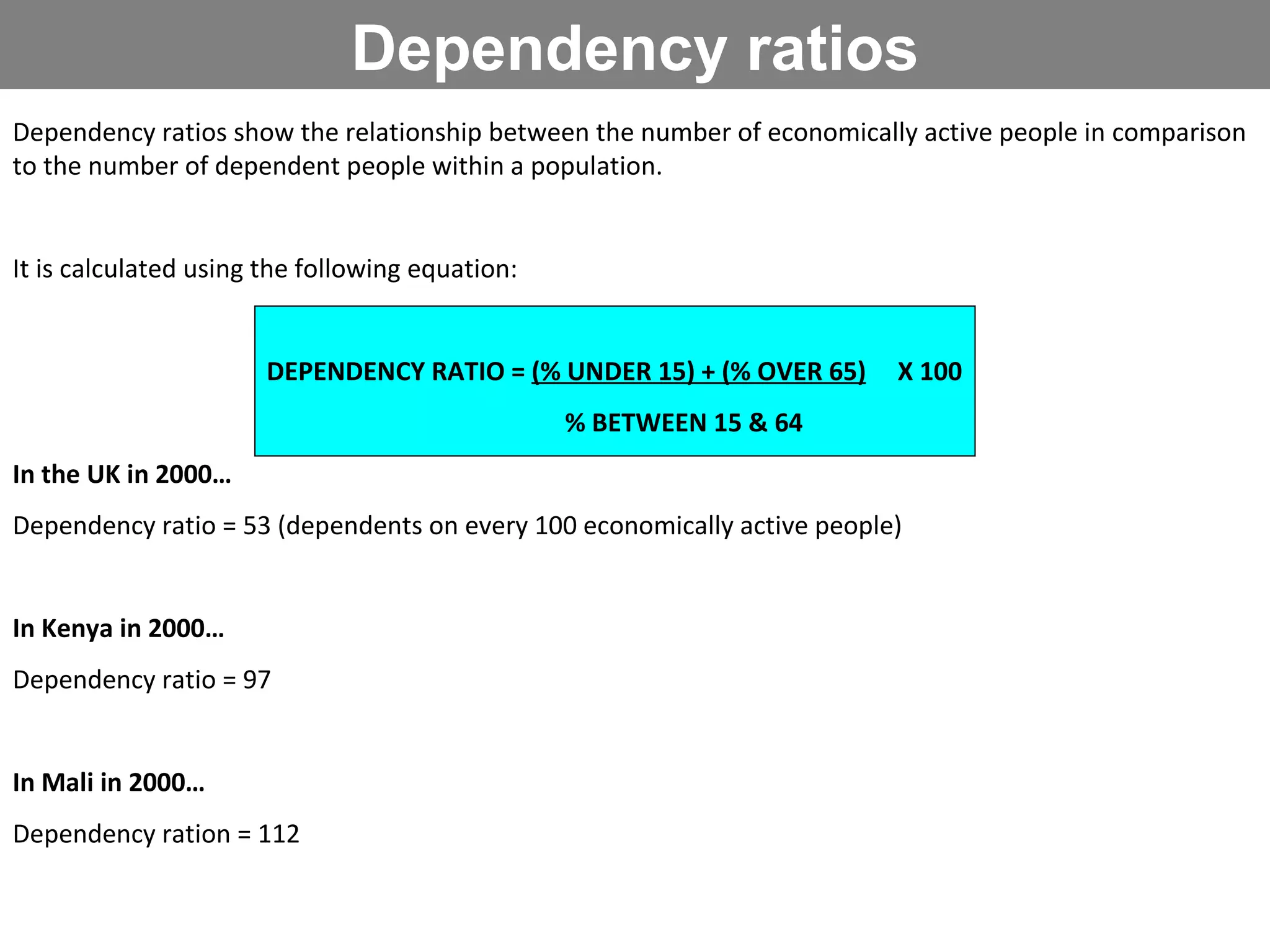 Dependency ratios Dependency ratios show the relationship between the number of economically active people in comparison to the number of dependent people within a population.  It is calculated using the following equation: DEPENDENCY RATIO =  (% UNDER 15) + (% OVER 65)   X 100     % BETWEEN 15 & 64 In the UK in 2000… Dependency ratio = 53 (dependents on every 100 economically active people) In Kenya in 2000… Dependency ratio = 97 In Mali in 2000… Dependency ration = 112 