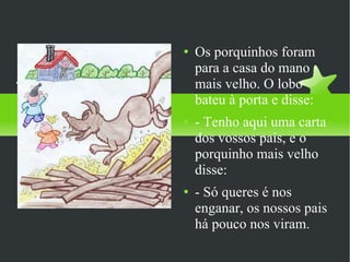 Os porquinhos foram para a casa do mano mais velho. O lobo bateu à porta e disse: - Tenho aqui uma carta dos vossos pais, e o porquinho mais velho disse: - Só queres é nos enganar, os nossos pais há pouco nos viram.
