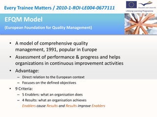 Every Trainee Matters / 2010-1-ROI-LE004-0677111

EFQM Model
(European Foundation for Quality Management)


  • A model of comprehensive quality
    management, 1991, popular in Europe
  • Assessment of performance & progress and helps
    organizations in continuous improvement activities
  • Advantage:
      – Direct relation to the European context
      – Focuses on the defined objectives
  • 9 Criteria:
      – 5 Enablers: what an organisation does
      – 4 Results: what an organisation achieves
        Enablers cause Results and Results improve Enablers
 