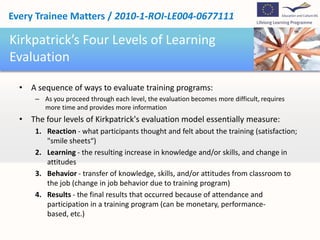 Every Trainee Matters / 2010-1-ROI-LE004-0677111

Kirkpatrick’s Four Levels of Learning
Evaluation

  • A sequence of ways to evaluate training programs:
      – As you proceed through each level, the evaluation becomes more difficult, requires
        more time and provides more information
  • The four levels of Kirkpatrick's evaluation model essentially measure:
      1. Reaction - what participants thought and felt about the training (satisfaction;
         "smile sheets“)
      2. Learning - the resulting increase in knowledge and/or skills, and change in
         attitudes
      3. Behavior - transfer of knowledge, skills, and/or attitudes from classroom to
         the job (change in job behavior due to training program)
      4. Results - the final results that occurred because of attendance and
         participation in a training program (can be monetary, performance-
         based, etc.)
 