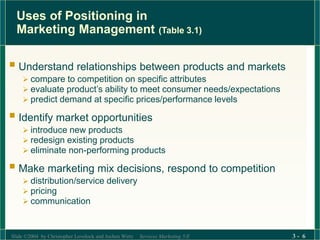 Slide ©2004 by Christopher Lovelock and Jochen Wirtz Services Marketing 5/E 3 - 6
Uses of Positioning in
Marketing Management (Table 3.1)
 Understand relationships between products and markets
 compare to competition on specific attributes
 evaluate product’s ability to meet consumer needs/expectations
 predict demand at specific prices/performance levels
 Identify market opportunities
 introduce new products
 redesign existing products
 eliminate non-performing products
 Make marketing mix decisions, respond to competition
 distribution/service delivery
 pricing
 communication
 