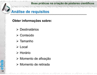 Boas práticas na criação de pósteres científicos
Análise de requisitos
14
Obter informações sobre:
 Destinatários
 Conteúdo
 Tamanho
 Local
 Horário
 Momento de afixação
 Momento de retirada
 