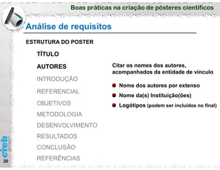 Boas práticas na criação de pósteres científicos
Análise de requisitos
20
ESTRUTURA DO POSTER
TÍTULO
AUTORES
INTRODUÇÃO
REFERENCIAL
OBJETIVOS
METODOLOGIA
DESENVOLVIMENTO
RESULTADOS
CONCLUSÃO
REFERÊNCIAS
Citar os nomes dos autores,
acompanhados da entidade de vínculo
Nome dos autores por extenso
Nome da(s) Instituição(ões)
Logótipos (podem ser incluídos no final)
 