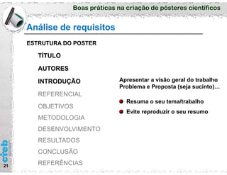Boas práticas na criação de pósteres científicos
Análise de requisitos
21
ESTRUTURA DO POSTER
TÍTULO
AUTORES
INTRODUÇÃO
REFERENCIAL
OBJETIVOS
METODOLOGIA
DESENVOLVIMENTO
RESULTADOS
CONCLUSÃO
REFERÊNCIAS
Apresentar a visão geral do trabalho
Problema e Proposta (seja sucinto)…
Resuma o seu tema/trabalho
Evite reproduzir o seu resumo
 