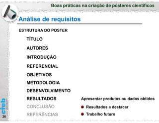Boas práticas na criação de pósteres científicos
Análise de requisitos
26
ESTRUTURA DO POSTER
TÍTULO
AUTORES
INTRODUÇÃO
REFERENCIAL
OBJETIVOS
METODOLOGIA
DESENVOLVIMENTO
RESULTADOS
CONCLUSÃO
REFERÊNCIAS
Apresentar produtos ou dados obtidos
Resultados a destacar
Trabalho futuro
 