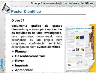 Boas práticas na criação de pósteres científicos
Poster Científico
3
O que é?
documento gráfico de grande
dimensão que serve para apresentar
os resultados de uma investigação,
uma pesquisa documental, uma
experiência ou um projeto num
congresso, conferência, seminário,
exposição ou outro evento científico.
http://www.nuigalway.ie/remedi/poster/images/introposter.jpg
 Planear
 Desenhar/construir
 Rever
 Imprimir
 Apresentar
 