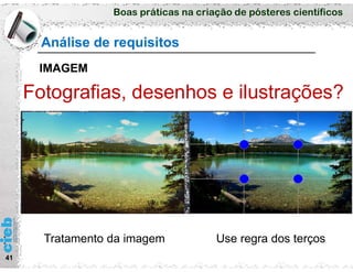 Boas práticas na criação de pósteres científicos
41
Análise de requisitos
IMAGEM
Fotografias, desenhos e ilustrações?
Use regra dos terçosTratamento da imagem
 