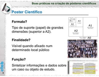 Boas práticas na criação de pósteres científicos
Poster Científico
5
Formato?
Tipo de suporte (papel) de grandes
dimensões (superior a A2).
Finalidade?
Visível quando afixado num
determinado local público
Função?
Sintetizar informações e dados sobre
um caso ou objeto de estudo.
 