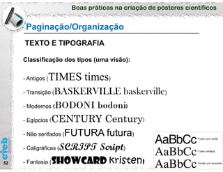 Boas práticas na criação de pósteres científicos
52
Classificação dos tipos (uma visão):
- Antigos (TIMES times)
- Transição (BASKERVILLE baskerville)
- Modernos (BODONI bodoni)
- Egípcios (CENTURY Century)
- Não serifados (FUTURA futura)
- Caligráficas (SCRIPT Script)
- Fantasia (Showcard kristen)
Paginação/Organização
TEXTO E TIPOGRAFIA
 