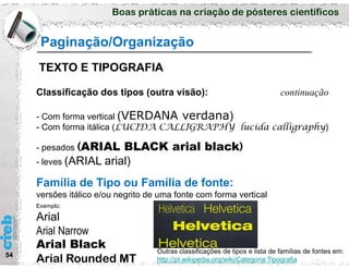 Boas práticas na criação de pósteres científicos
54
Classificação dos tipos (outra visão): continuação
- Com forma vertical (VERDANA verdana)
- Com forma itálica (LUCIDA CALLIGRAPHY lucida calligraphy)
- pesados (ARIAL BLACK arial black)
- leves (ARIAL arial)
Família de Tipo ou Família de fonte:
versões itálico e/ou negrito de uma fonte com forma vertical
Outras classificações de tipos e lista de famílias de fontes em:
http://pt.wikipedia.org/wiki/Categoria:Tipografia
Exemplo:
Arial
Arial Narrow
Arial Black
Arial Rounded MT
Paginação/Organização
TEXTO E TIPOGRAFIA
 