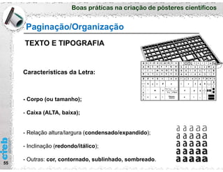Boas práticas na criação de pósteres científicos
55
Características da Letra:
- Corpo (ou tamanho);
- Caixa (ALTA, baixa);
- Relação altura/largura (condensado/expandido);
- Inclinação (redondo/itálico);
- Outras: cor, contornado, sublinhado, sombreado.
Paginação/Organização
TEXTO E TIPOGRAFIA
 