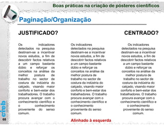 Boas práticas na criação de pósteres científicos
68
Paginação/Organização
Os indicadores
detectados na pesquisa
destinam-se a incentivar
novos estudos, a fim de
descobrir factos relativos
a um campo bastante
dúbio e reforçar os
conceitos na análise da
melhor postura de
trabalho no sector de
costura da indústria do
calçado, visando maior
conforto e bem-estar dos
trabalhadores. O trabalho
procura avançar com o
conhecimento científico e
o conhecimento
proveniente do senso
comum.
Os indicadores
detectados na pesquisa
destinam-se a incentivar
novos estudos, a fim de
descobrir factos relativos
a um campo bastante
dúbio e reforçar os
conceitos na análise da
melhor postura de
trabalho no sector de
costura da indústria do
calçado, visando maior
conforto e bem-estar dos
trabalhadores. O trabalho
procura avançar com o
conhecimento científico e
o conhecimento
proveniente do senso
comum.
Os indicadores
detectados na pesquisa
destinam-se a incentivar
novos estudos, a fim de
descobrir factos relativos
a um campo bastante
dúbio e reforçar os
conceitos na análise da
melhor postura de
trabalho no sector de
costura da indústria do
calçado, visando maior
conforto e bem-estar dos
trabalhadores. O trabalho
procura avançar com o
conhecimento científico e
o conhecimento
proveniente do senso
comum.
JUSTIFICADO? CENTRADO?
Alinhado à esquerda
 