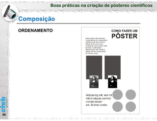 Boas práticas na criação de pósteres científicos
90
Composição
COMO FAZER UM
PÔSTERLorem ipsum dolor sit amet,
consectetuer ad consectetuer
adipiscing elit, sed nit nisl ut
aliquip ex ea commodo
consequat. Lorem ipsum dolor
sit amet, consectetuer.
Adipiscing elit, sed nit nisl ut
aliquip eamet, consectetuer
ad. Ex toto corde.
Adipiscing elit, sed nit
nisl ut aliquip eamet,
consectetuer
ad. Ex toto corde.
ORDENAMENTO
 