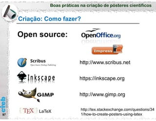 Boas práticas na criação de pósteres científicos
Criação: Como fazer?
97
Open source:
http://www.scribus.net
https://inkscape.org
http://tex.stackexchange.com/questions/34
1/how-to-create-posters-using-latex
LaTeX
http://www.gimp.org
 