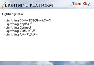 Copyright © 2014 TerraSky Co.,Ltd. All Rights Reserved. 
LIGHTNING PLATFORM 
・Lightning コンポーネントフレームワーク 
・Lightning Appビルダー 
・Lightning Connect 
・Lightning プロセスビルダー 
・Lightning スキーマビルダー 
Lightningの構成  