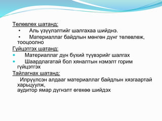 Төлөвлөх шатанд:
• Аль үзүүлэлтийг шалгахаа шийднэ.
• Материаллаг байдлын мөнгөн дүнг төлөвлөж,
тооцоолно
Гүйцэтгэх шатанд:
 Материаллаг дүн бүхий түүвэрийг шалгах
 Шаардлагатай бол хяналтын нэмэлт горим
гүйцэтгэх
Тайлагнах шатанд:
Илрүүлсэн алдааг материаллаг байдлын хязгаартай
харьцуулж,
аудитор ямар дүгнэлт өгөхөө шийдэх
 