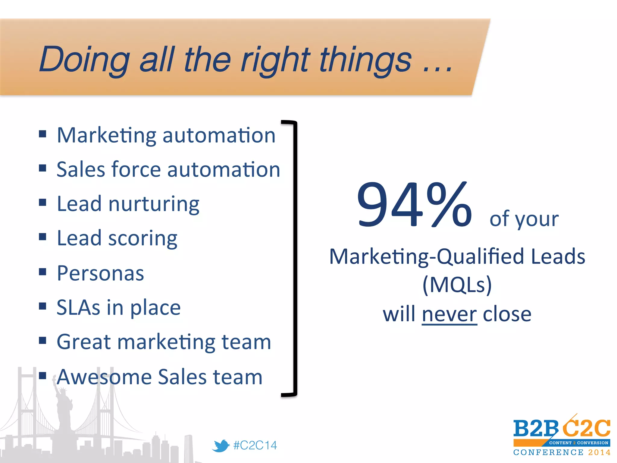 #C2C14!
Doing all the right things …!
§  Marke<ng	
  automa<on	
  
§  Sales	
  force	
  automa<on	
  
§  Lead	
  nurturing	
  
§  Lead	
  scoring	
  
§  Personas	
  
§  SLAs	
  in	
  place	
  
§  Great	
  marke<ng	
  team	
  
§  Awesome	
  Sales	
  team	
  
94%	
  of	
  your	
  
Marke<ng-­‐Qualiﬁed	
  Leads	
  
(MQLs)	
  
will	
  never	
  close	
  
 