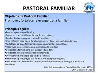 PASTORAL FAMILIAR
Objetivos da Pastoral Familiar
Promover, fortalecer e evangelizar a família.

Principais ações:
•Formar agentes qualificados;
•Oferecer, com qualidade, formação aos noivos;
•Acolher toda e qualquer realidade familiar;
•Unir esforços para que a família seja, de verdade, um santuário da vida;
•Fortalecer os laços familiares pelos ensinamentos evangélicos;
•Incentivar o crescimento da espiritualidade familiar;
•Despertar a família para o seu papel educador;
•Despertar o sentido missionário da família;
•Oferecer sempre apoio aos casais e famílias;
•Promover a participação das famílias nos tempos litúrgicos;
•Continuar articulando e buscando apoio dos movimentos, Serviços e Institutos
Familiares.
                                      Guia de Implantação da Pastoral Familiar – pág. 33/ 34
                                                                    CNPF vinculada a CNBB
 