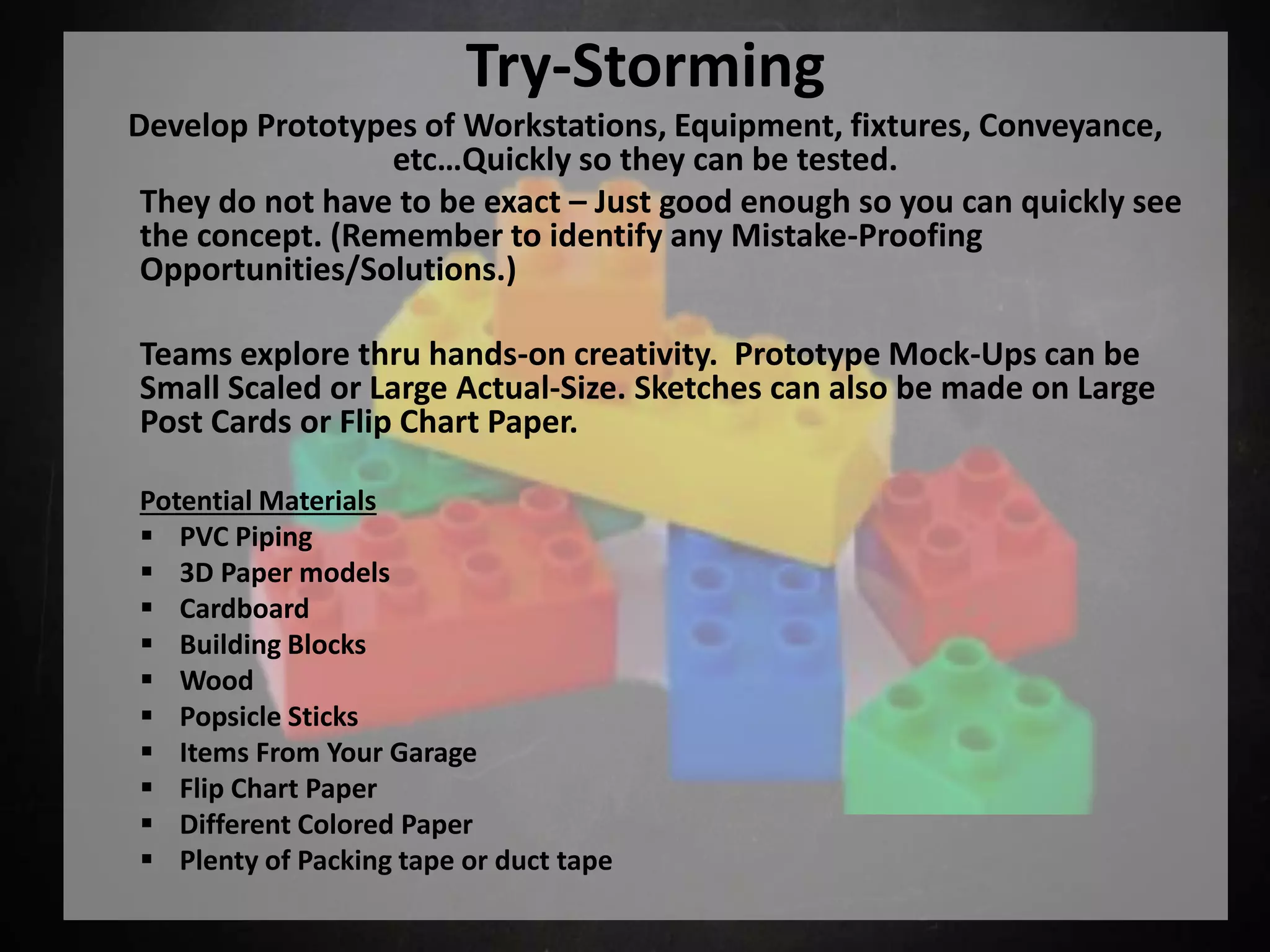 Try-Storming 
Develop Prototypes of Workstations, Equipment, fixtures, Conveyance, 
etc…Quickly so they can be tested. 
They do not have to be exact – Just good enough so you can quickly see 
the concept. (Remember to identify any Mistake-Proofing 
Opportunities/Solutions.) 
Teams explore thru hands-on creativity. Prototype Mock-Ups can be 
Small Scaled or Large Actual-Size. Sketches can also be made on Large 
Post Cards or Flip Chart Paper. 
Potential Materials 
 PVC Piping 
 3D Paper models 
 Cardboard 
 Building Blocks 
 Wood 
 Popsicle Sticks 
 Items From Your Garage 
 Flip Chart Paper 
 Different Colored Paper 
 Plenty of Packing tape or duct tape 
 
