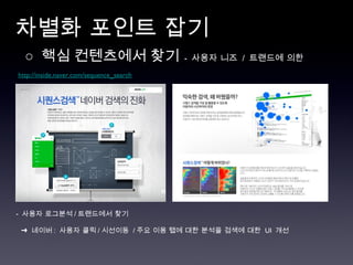 차별화 포인트 잡기  http://inside.naver.com/sequence_search ○  핵심 컨텐츠에서 찾기   -  사용자 니즈  /  트랜드에 의한 -  사용자 로그분석 / 트랜드에서 찾기 ➜  네이버 :  사용자 클릭 / 시선이동  / 주요 이용 탭에 대한 분석을 검색에 대한  UI  개선 
