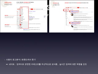 차별화 포인트 잡기  http://inside.naver.com/sequence_search ○  핵심 컨텐츠에서 찾기   -  사용자 니즈  /  트랜드에 의한 -  사용자 로그분석 / 트랜드에서 찾기 ➜  네이트 :  검색어와 관련된 카테고리를 우선적으로 보여줌 ,  실시간 검색에 대한 부분을 강조 