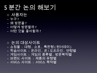 5 분간 논의 해보기 ○  사용자는  -  누구 ?  -  왜 방문을 ?  -  어떻게 방문할까 ? -  어떤 것을 좋아할까 ? ○  논의 대상사이트 -  쇼핑몰  :  대형 ,  소호 ,  특판형 ( 원어데이 ) -  학습사이트  :  온라인 ,  온 / 오프라인 ,  연령별  -  게임사이트  :  게임의 종류별 ,  방문복적별 -  브랜드 사이트  :  제품의 유형별 -  서비스 사이트  :  서비스 목적별 