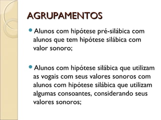 AGRUPAMENTOSAGRUPAMENTOS
Alunos com hipótese pré-silábica com
alunos que tem hipótese silábica com
valor sonoro;
Alunos com hipótese silábica que utilizam
as vogais com seus valores sonoros com
alunos com hipótese silábica que utilizam
algumas consoantes, considerando seus
valores sonoros;
 