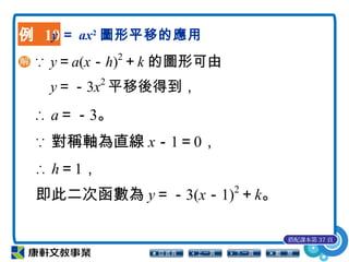 例 10y ＝ ax2
圖形平移的應用
∵ y＝a(x－h)2
＋k 的圖形可由
y＝－3x2
平移後得到，
∴ a＝－3。
∵ 對稱軸為直線 x－1＝0，
∴ h＝1，
即此二次函數為 y＝－3(x－1)2
＋k。
搭配課本第 37 頁
 