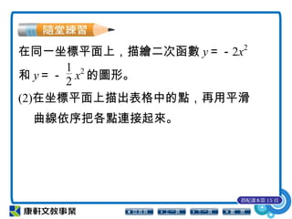 在同一坐標平面上，描繪二次函數 y＝－2x2
和 y＝－
1
2 x2
的圖形。
(2)在坐標平面上描出表格中的點，再用平滑
曲線依序把各點連接起來。
搭配課本第 15 頁
 