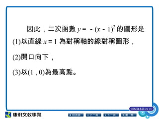 因此，二次函數 y＝－(x－1)2
的圖形是
(1)以直線 x＝1 為對稱軸的線對稱圖形，
(2)開口向下，
(3)以(1 , 0)為最高點。
搭配課本第 27 頁
 