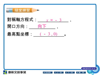 對稱軸方程式： ，
開口方向： ，
最高點坐標： 。
x ＝－ 3
向下
( － 3 , 0)
搭配課本第 28 頁
 